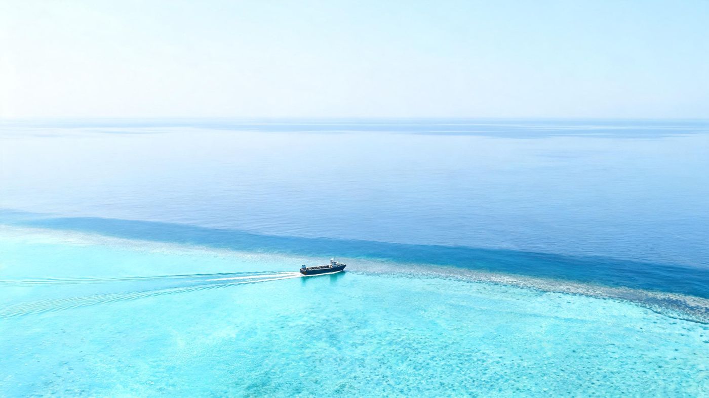 A small cargo boat crossing a calm turquoise lagoon seen from above
