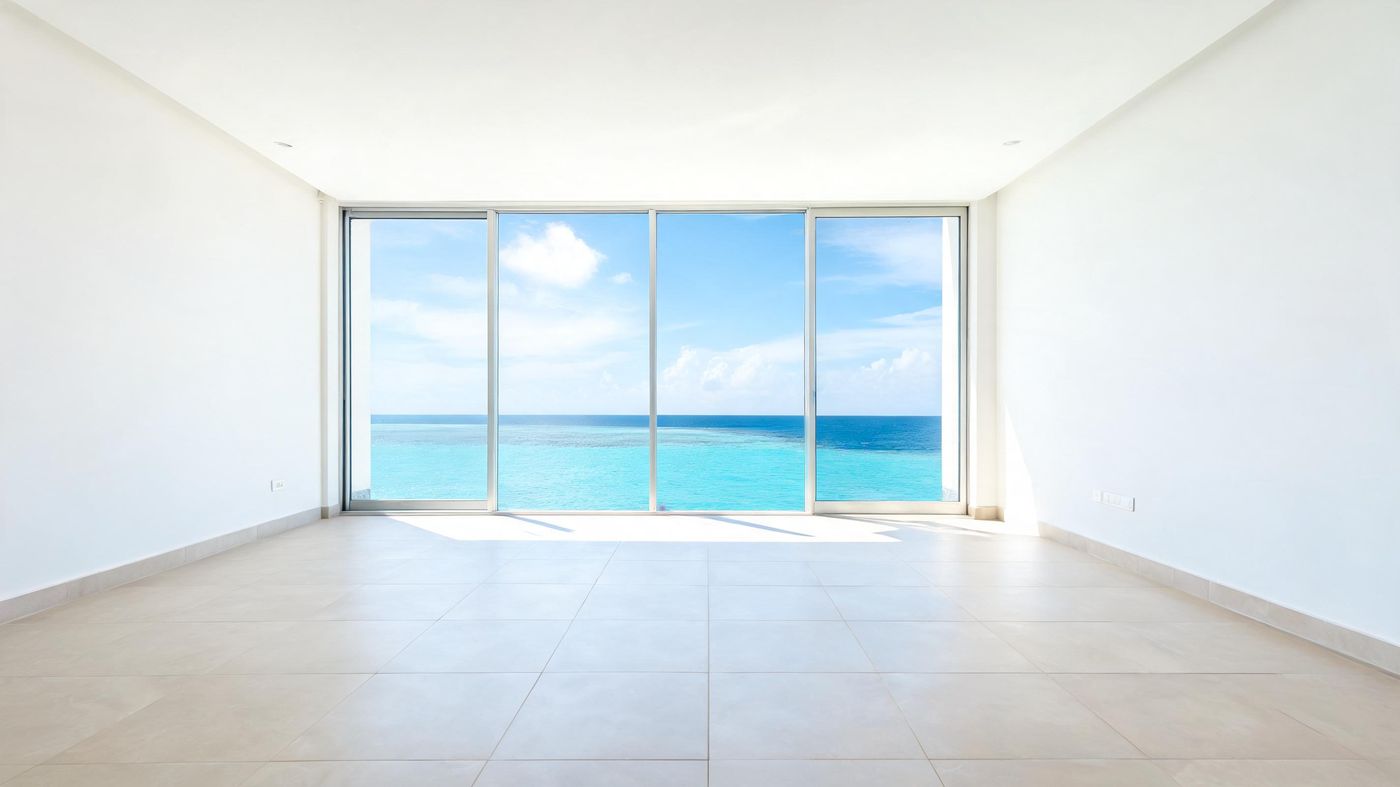 An empty, newly finished apartment interior with a floor-to-ceiling window onto the sea