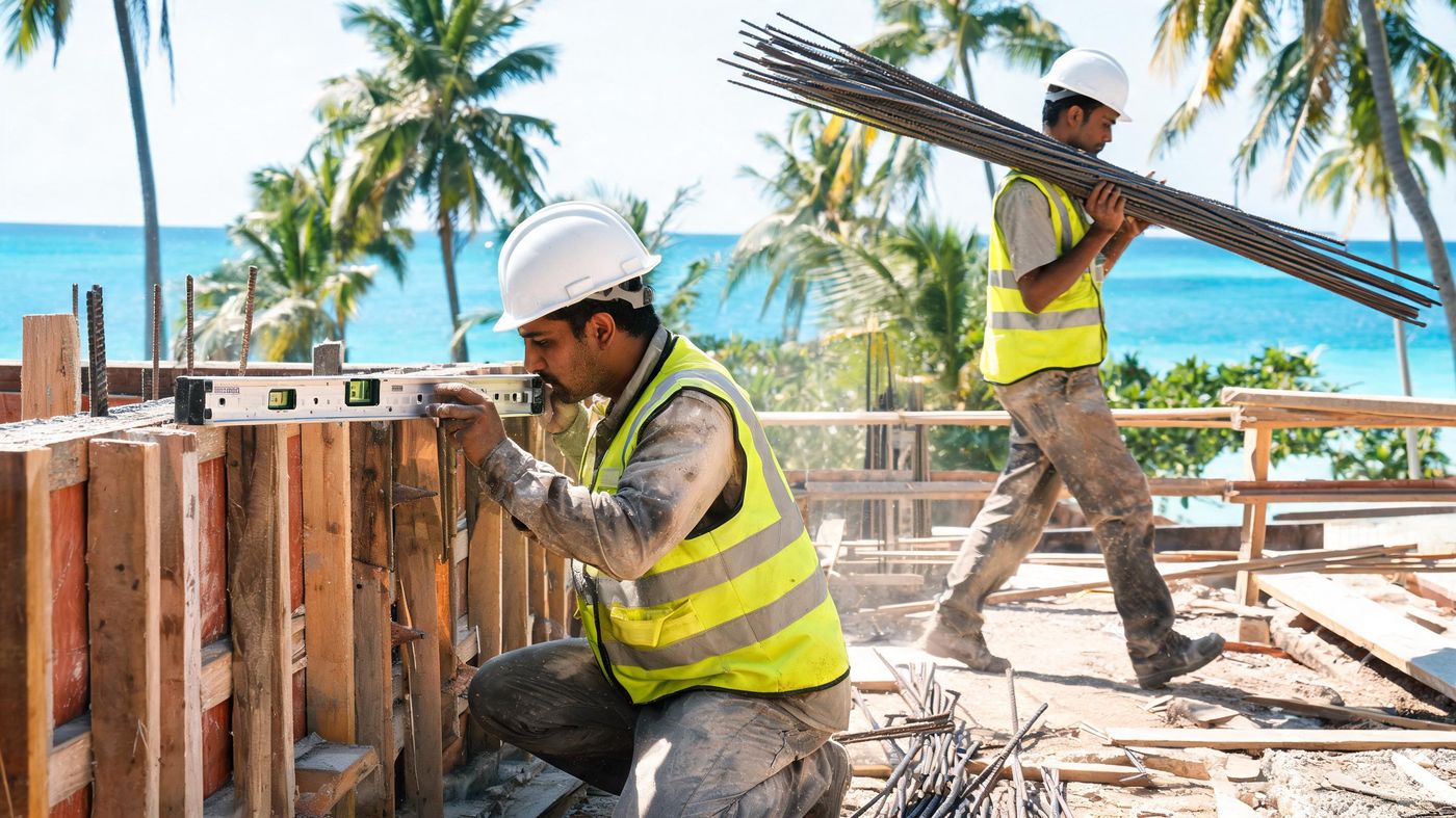 Two construction workers mid-task, one levelling formwork and one carrying reinforcement bar