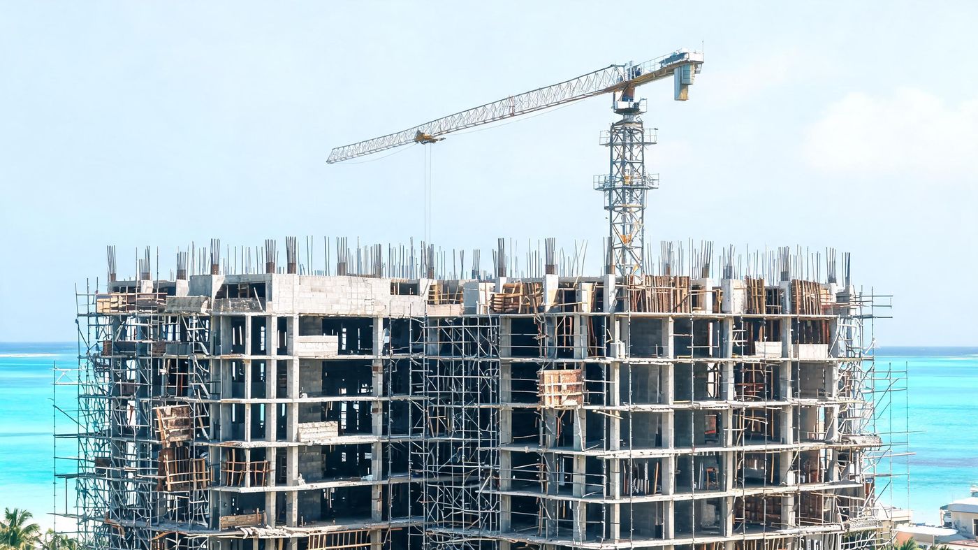 A reinforced concrete apartment building under construction, tower crane above and lagoon behind
