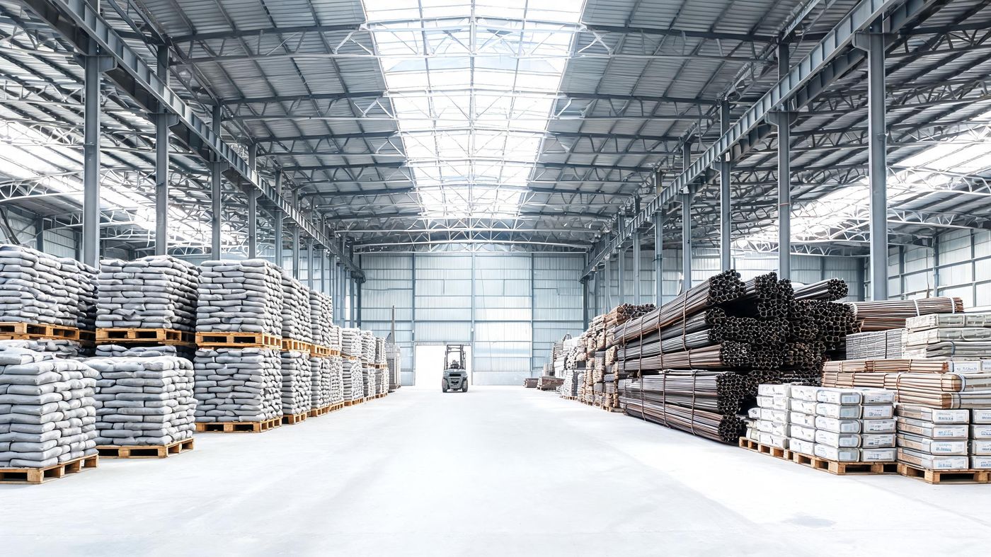 A building-materials warehouse with palletised cement, stacked reinforcement bar and tiles